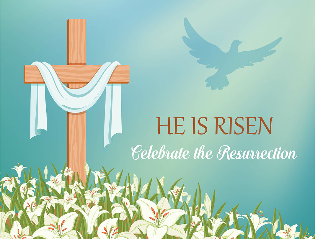 He is risen, celebrate the resurrection. Cross with shroud and lilies against the blue sky. The dove flies in the rays of light. Religious symbols of Good Friday and Easter.
